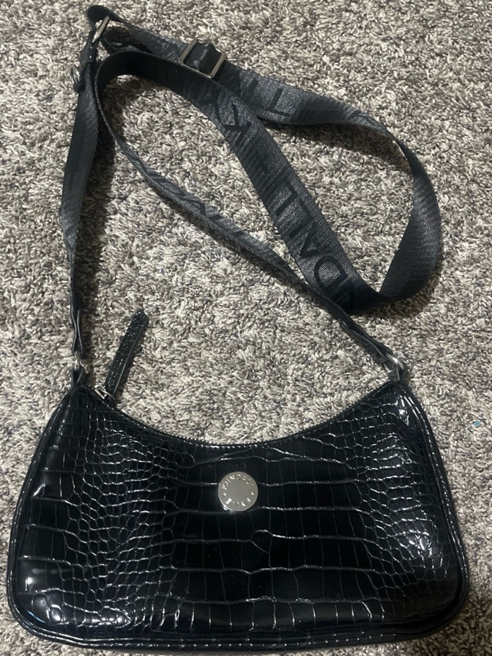 Kendall Jenner Black Croc-Embossed Shoulder Bag with Branded Strap